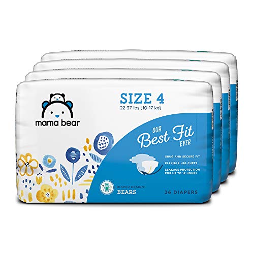 Amazon Brand Mama Bear Best Fit Diapers Size 4, 144 Count, Bears Print (4 Packs Of 36) [packaging May Vary]