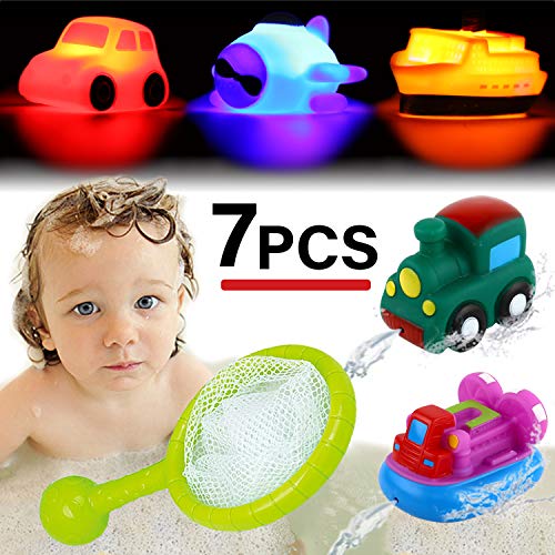 Bath Toy, Light Up&spray Water Rubber Floating Set With Fishing Net And Organizer Bag(7 Pack), Boat Catching Game For Kids Babies And Toddlers Bathtub Time, Best Gift For Boys Girl Child Pool Party