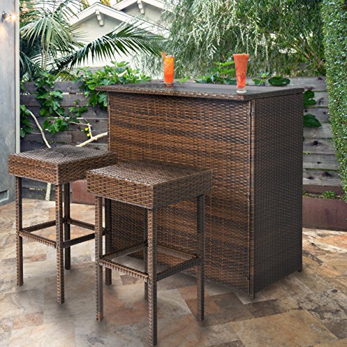 Best Choice Products 3 Piece All Weather Wicker Bar Table Set For Indoor Outdoor, Kitchen, Patio, Backyard W/ 2 Stools, Glass Tabletop, Storage Shelves Brown