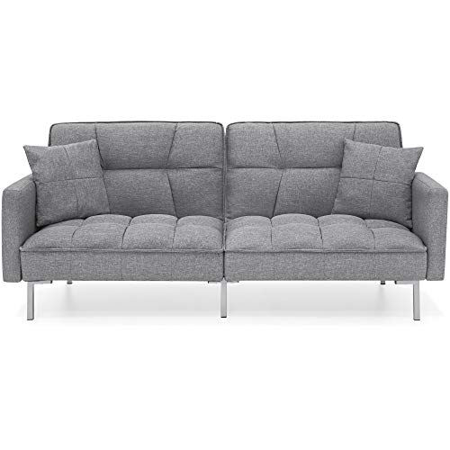 Best Choice Products Convertible Linen Splitback Futon Sofa Couch, Living Room Furniture W/tufted Fabric, Pillows Dark Gray