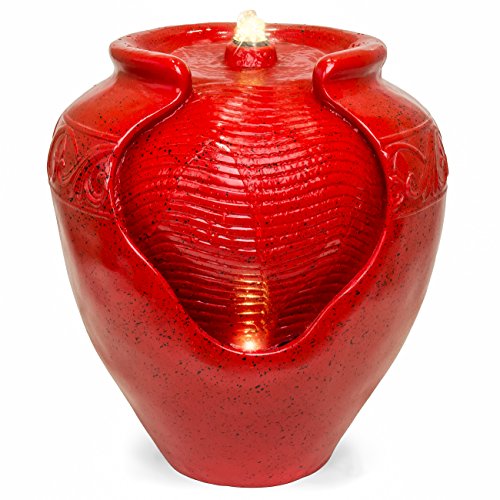 Best Choice Products Glazed Indoor Outdoor Polyresin Moroccan Style Jar Fountain W/led Light And Ribbed Water Bed, Red