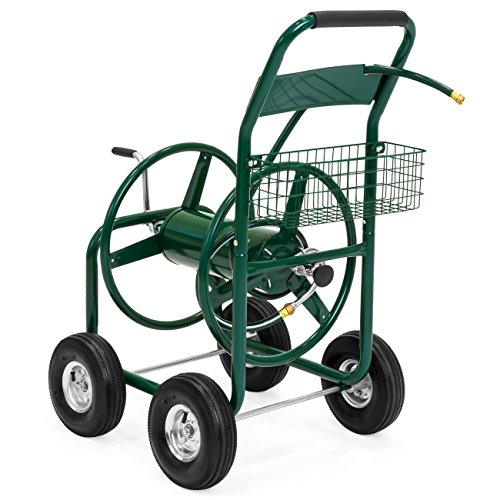 Best Choice Products Heavy Duty Outdoor Garden Steel 300ft Water Hose Reel Cart W/basket, Green