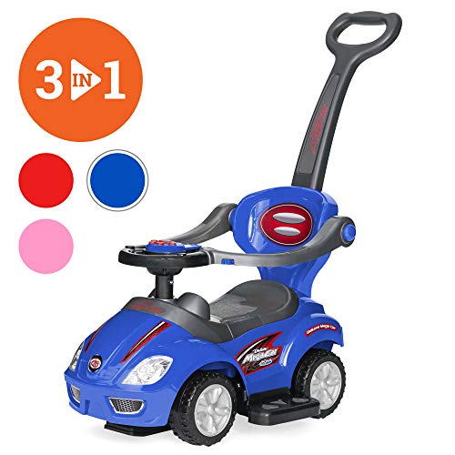 Best Choice Products Kids 3 In 1 Push And Pedal Car Toddler Ride On W/ Handle, Horn, Music Blue