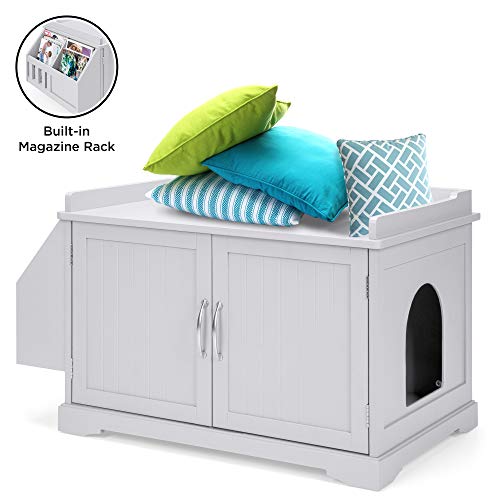 Best Choice Products Large Wooden Indoor Cat Litter Box Enclosure Cabinet, Side Table, Storage Bench Furniture For Living Room, Bedroom, Bathroom W/magazine Rack Gray