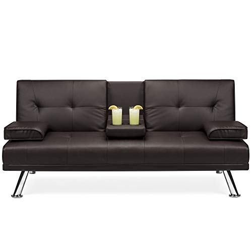 Best Choice Products Modern Faux Leather Convertible Futon Sofa Bed Recliner Couch W/metal Legs, 2 Cup Holders Brown