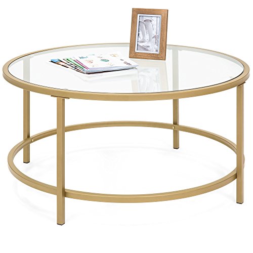Best Choice Products Round 36in Tempered Glass Coffee Table W/satin Gold Trim For Home, Living Room, Dining Room