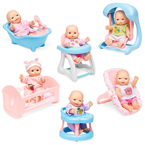 Best Choice Products Set Of 6 Baby Dolls W/ Cradle, High Chair, Walker, Swing And Bathtub