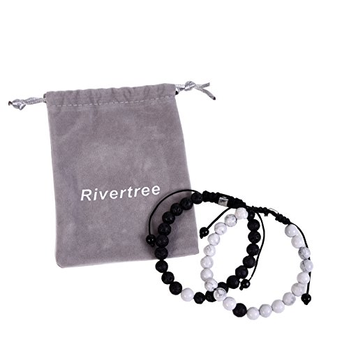 Black Lava Rock White Howlite Beads With Braided Rope Adjustable Distance Bracelets Couples Relationship Best Friend Set Of 2