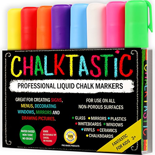 Chalk Markers By Fantastic Chalktastic Best For Kids Art, Chalkboard Labels, Menu Board Bistro Boards, 8 Glass Window Markers, Non Toxic Erasable Liquid Pens Chisel Or Fine Tip, Neon Colors Plus White