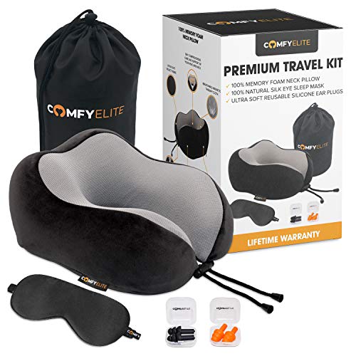 Comfy Elite Travel Pillow Kit Memory Foam Neck Pillows Comfortable Sleeping Car Airplane Nap Adjustable Chin Support Best Rest Head Neck Pain Go Long Plane Traveling Air Flight Adults Kids