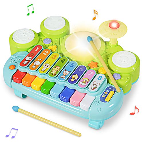 Costzon 3 In 1 Musical Toys, Electronic Piano Keyboard Xylophone Game Drum Set,kids' Drum Instrument Toys With Lights, 8 Xylophone Keys, 5 Piano Sound Modes For Toddlers Baby Boys Girls Best Gifts