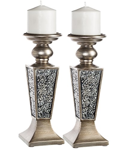 Creative Scents Schonwerk Pillar Candle Holder Set Of 2 Crackled Mosaic Design Home Coffee Table Decor Decorations Centerpiece For Dining/living Room Best Wedding Gift (silver)