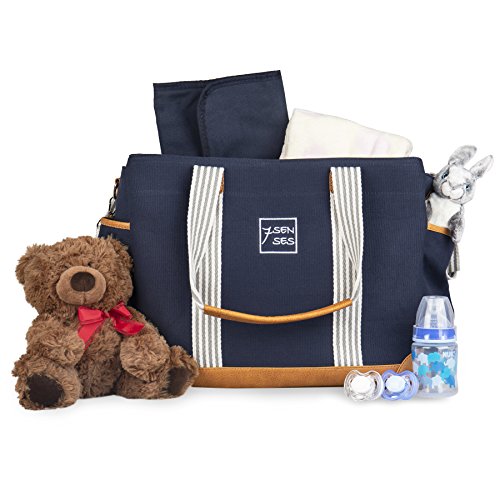 Diaper Bag For Girls And Boys Large Capacity Baby Bag Nappy Bag Diaper Tote Plus Changing Pad, Stroller Straps And 10 Pockets Best Baby Shower Gift By 7senses (navy Blue)