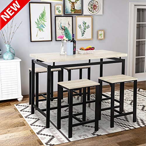 Dining Table Set, Leekous Best 5 Piece Counter Pub Height Table Set, Dinning Room Table Set For 4, Kitchen Table With 4 Chairs, Perfect For Breakfast Nook, Kitchen Room, Mini Bar Or Patio (beige)