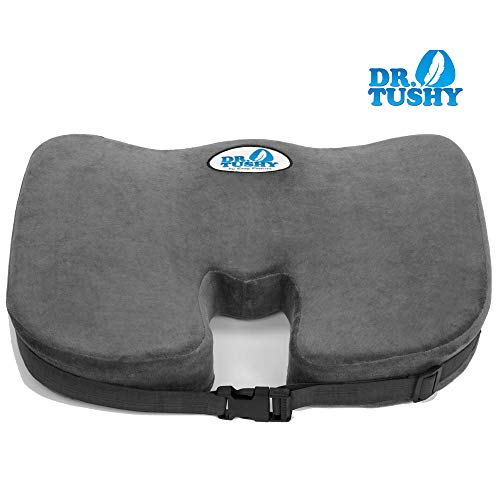 Dr. Tushy Memory Foam Seat Cushion Coccyx Seat Cushion For Tailbone Pain Best For Office Chair, Car Seat, Wheelchair Helps With Sciatica & Back Pain Relief Built In Carry Handle & Seat Straps