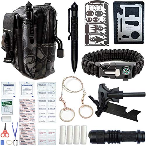 Emergency Survival Kit With First Aid Gear, Cool Gadgets, Tools For Men, Women. Hiking, Camping, Fishing, Hunting Accessories. Link Molle Pouch To Bag, Backpack. Best Military Equipment, Supplies