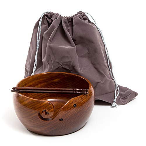 Eunoia Yarn Bowl | Best Handmade Yarn Holder For Knitting | Large Wooden 7" X 4" | Extra: Wood Crochet Hook And Travel Bag |