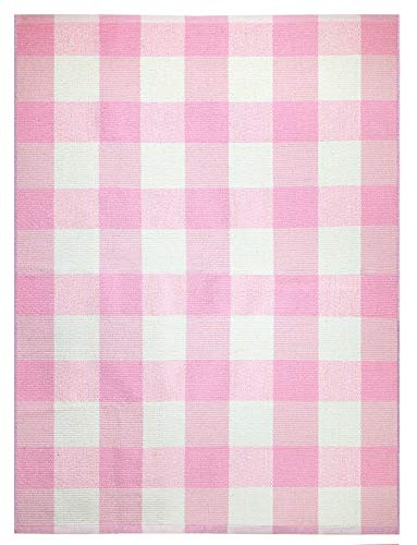 Farmhouse Buffalo Check Plaid Rug: 36x48 Large Pink Colored Outdoor Rug | Buffalo Plaid Front Door Mat | Front Porch Rug | Outside Rugs Best Layered Under Welcome Doormat | Farmhouse Kitchen Rugs