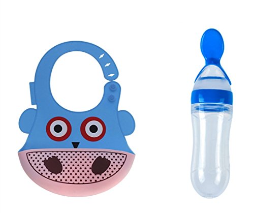 Food Grade Silicone Lovely Cartoons Baby Bib And Large Capacity Baby Extrusion Feeding Spoon With Scale Best Choice For Your Baby