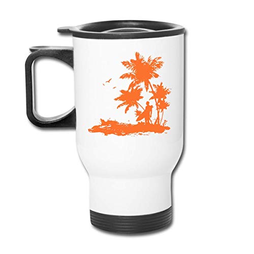 Funny Travel Mugs With Handle Double Walled Stainless Steel Tumblers Tropical Palm Leaf Surfer Car Cup Insulated Vacuum For Best Reusable Coffee Cup Gift Silver, 14 Oz