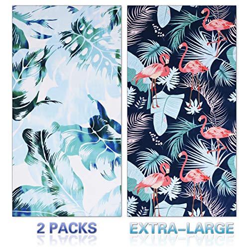 Genovega Microfiber Beach Towel Oversize, Extra Large 74"x36", 2 Packs Palm Flamingo, Fast Quick Dry,cool Pool Towel, Lounge Cover, For Women Men, Mom Dad, Best Friend Boyfriend Girlfriend