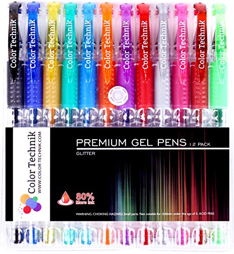 Glitter Gel Pens By Color Technik, Set Of 12 Professional Artist Quality Pens, Best Gel Pen Colors With Comfort Grip, Enhance Your Adult Coloring Book Experience Now! Acid Free, Perfect Gift Idea!