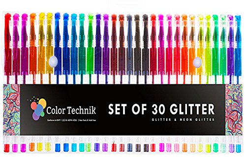 Glitter Gel Pens By Color Technik, Set Of 30 Glitter Pens, Best Assorted Colors, Now With More Ink. Large Glitter Set On Amazon, Enhance Your Adult Coloring Book Experience Now! Perfect Gift Idea!
