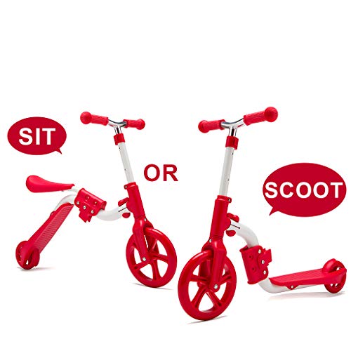 Kamures 2 In 1 | 2 Wheels Kick Scooter With Removable Seat For Kids & Toddlers, Balance Bike, 3 Adjustable Height Kids Scooter, Best Birthday Gift For Baby Boys Girls Age 2 8 (red)