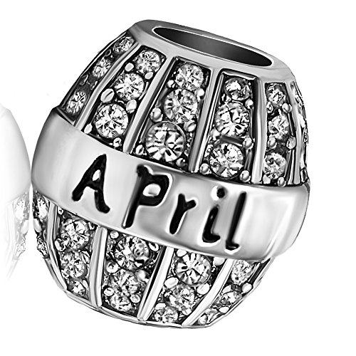 Kunbead Engraved April Birthstone Charms For Pandora Bracelet Love Mom Birthday Beads Crystal Pendant Gift For Wife Grandma Best Friend Girlfriend Aunt