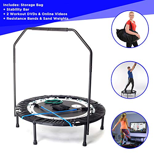 Maximus Pro Folding Rebounder | Voted #1 Indoor Exercise Mini Trampoline For Adults With Bar | Best Home Gym For Fitness & Lose Weight| Free Storage Bag, Resistance Bands, Online & Dvd Workouts!