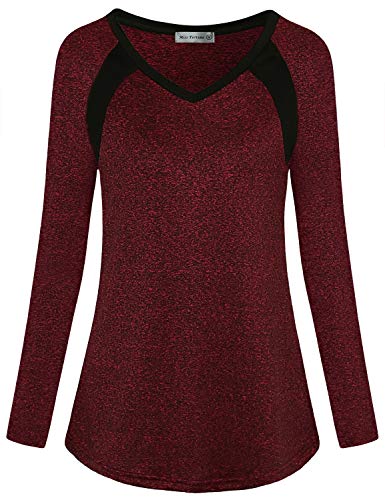 Miss Fortune Long Sleeve Activewear Women, Ladies Color Block V Neck Fitted Yoga Tops Red Best Cute Workout Shirt Heathered Sun Protection Gym Apparel, Wine Red S