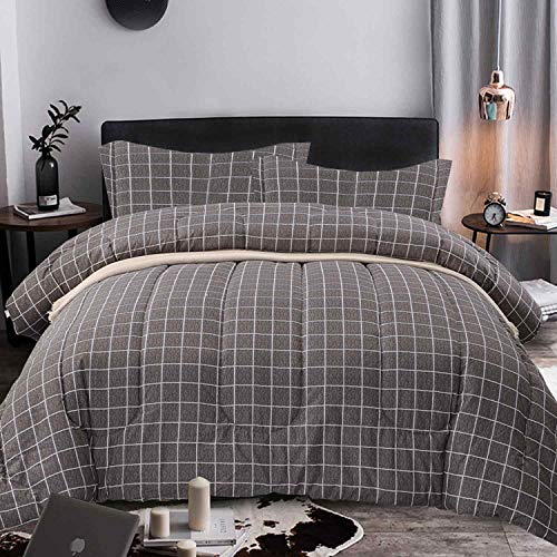 Nanko Comforter Set Queen Size, Grey Grid Print 88 X 90 Inch Reversible Down Alternative Comforter Microfiber Duvet Sets (1 Comforter + 2 Pillow) Best Modern Bedding For Women Men, Gray Plaid