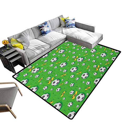 Nursery Area Rug Soccer, Soft Indoor Modern Area Rugs Professional Player Athletics Pattern Football Shoes Balls On Grass Decorative And Best Gift For Children Lime Green Yellow Black, 3 X 5 Feet