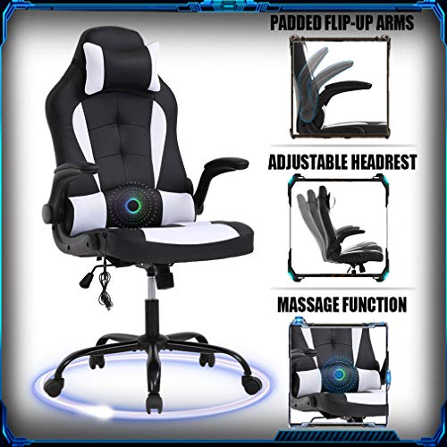 Pc Gaming Chair Ergonomic Racing Heavy Duty Office Chair Video Game Chair, Massage Function Lumbar Support With Flip Up Arms & Headrest Nice Chic Desk Chair, Adjustable Best Home Office Chair White