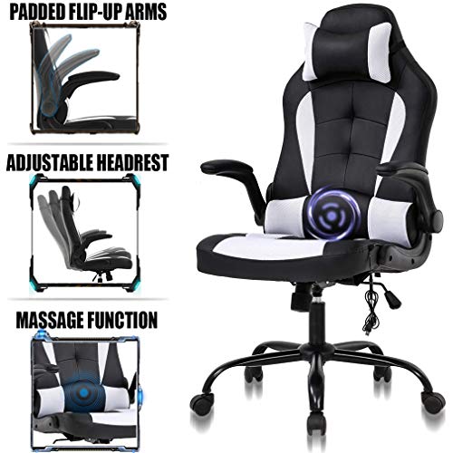 Pc Gaming Chair Ergonomic Racing Heavy Duty Office Chair Video Game Chair, Massage Function Lumbar Support With Flip Up Arms & Headrest Nice Chic Desk Chair, Adjustable Best Home Office Chair White