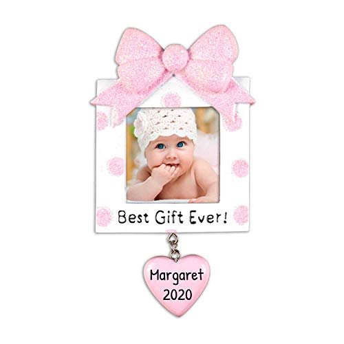 Personalized Present Picture Frame Christmas Tree Ornament 2019 Square Pink Glitter Best Baby's 1st Photo Display Ever Girl’s First New Mom Shower Milestone Memory Gift Year Free Customization