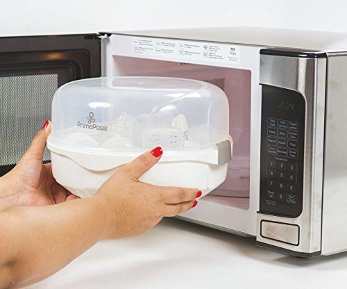 Primo Passi Best Steam Microwave Sterilizer For Baby Bottles I Odor Free I Chemical Free I Sterilize Baby Bottles & Pacifiers I Easy Dry & Storage I Includes Measuring Cup & Tong