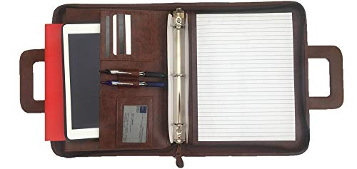 Professional Business Padfolio Portfolio Briefcase Style Tablet Holder Organizer Folder With Handles Notepad And 3 Ring Binder Brown Synthetic Leather Best Office Solutions