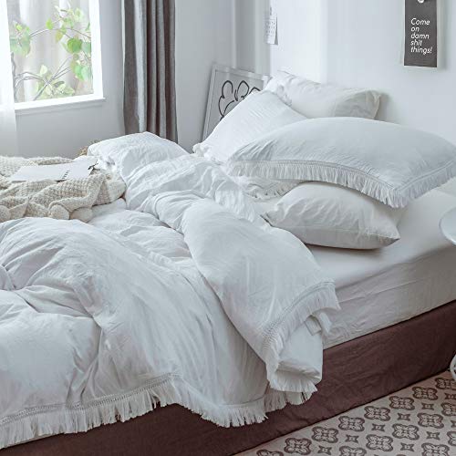 Queen Duvet Cover Set, 3 Piece White Microfiber Tassel Bedding Cover With Zipper Closure Best Modern Style For Men And Women