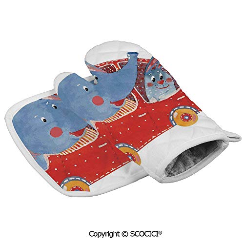 Scocici Baking Anti Hot Gloves Watercolor Sketch Of Young Blushed Elephant And Hare In Small Car Best Friend Oven Microwave Mitts Pot With Square Mat