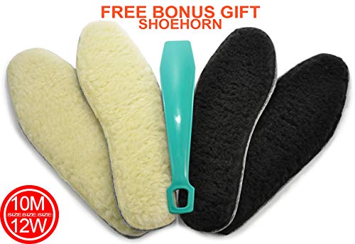 Winter Boot Insoles, Unisex, 10m & 12w, For Men & Women, Fuzzy Sheep Wool, Soft, Cozy Extra Cushion, Best Replacement For Snow & Sport Footwear, Work & Rubber Shoes, 2 Pairs, Free Shoehorn 801308
