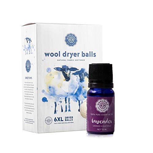 Woolzies Wool Dryer Balls Organic: 6 Xl Laundry Balls For Dryer + 10 Ml Lavender Essential Oil Combo For Use As 100% Pure And Natural Fabric Softener | Best Scented Wool Balls Laundry