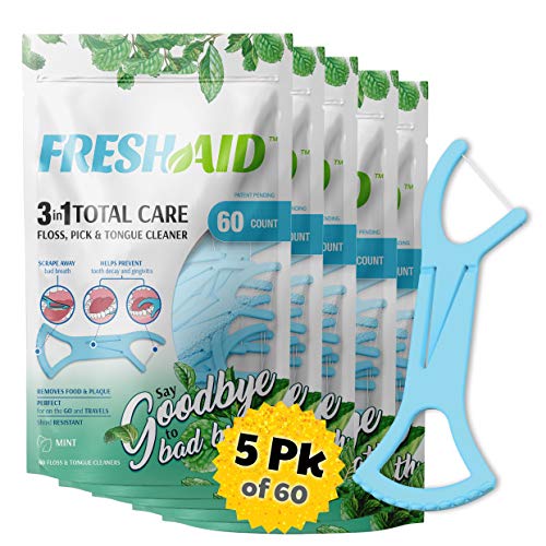 3 In 1 Floss, Pick, Tongue Cleaner (5pk) Best Disposable Tongue Cleaning Scraping And Super Strong Floss Toothpick Fresh Breath & Mouth Hygiene Gag Proof