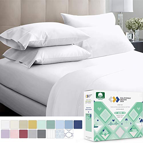 600 Thread Count 100% Cotton Sheets Pure White King Size, 4 Piece Extra Long Staple Combed Cotton Best Bedding Sheet Set For Bed, Breathable, Soft & Silky Sateen Weave Fits Mattress 16'' Deep Pocket