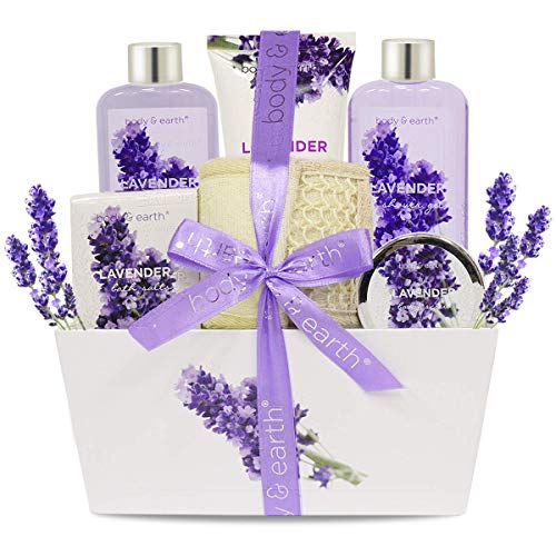 Bath Spa Gift Set, Body & Earth Gift Basket 6 Piece Lavender Scented Spa Basket Kits For Women, Contains Shower Gel, Bubble Bath, Body Lotion, Bath Salt, Body Scrub, Back Scrubber, Best Gift For Her