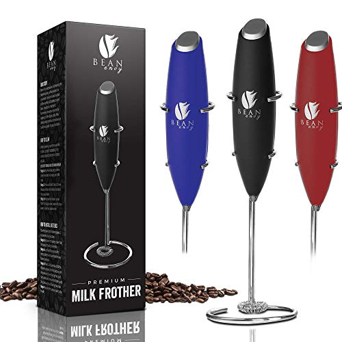 Bean Envy Milk Frother Handheld Perfect For The Best Latte Whip Foamer Includes Stainless Steel Stand Black