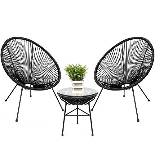 Best Choice Products 3 Piece Outdoor Acapulco All Weather Patio Conversation Bistro Set W/plastic Rope, Glass Top Table And 2 Chairs Black