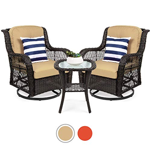 Best Choice Products 3 Piece Outdoor Wicker Patio Bistro Set W/ 2 360 Degree Swivel Rocking Chairs And Tempered Glass Top Side Table, Beige