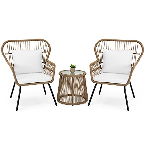 Best Choice Products 3 Piece Patio Wicker Conversation Bistro Set W/ 2 Chairs, Glass Top Side Table, Cushions Tan