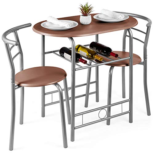 Best Choice Products 3 Piece Wooden Dining Room Round Table & Chairs Set W/steel Frame, Built In Wine Rack Espresso